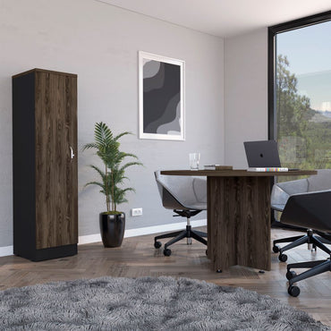 Mesa Redonda M-120 + Biblioteca Home Office Color Negro Soft y Coñac Para Oficina