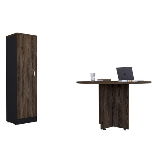 Mesa Redonda M-120 + Biblioteca Home Office Color Negro Soft y Coñac Para Oficina