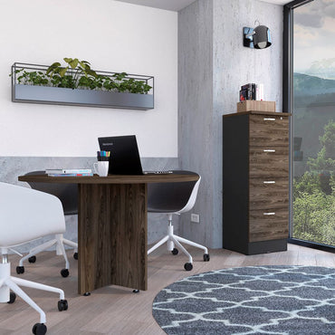 Mesa Redonda M-120 + Archivador 4C Alto Home Office Color Negro Soft y Coñac Para Oficina