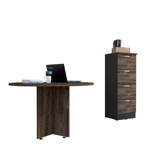 Mesa Redonda M-120 + Archivador 4C Alto Home Office Color Negro Soft y Coñac Para Oficina
