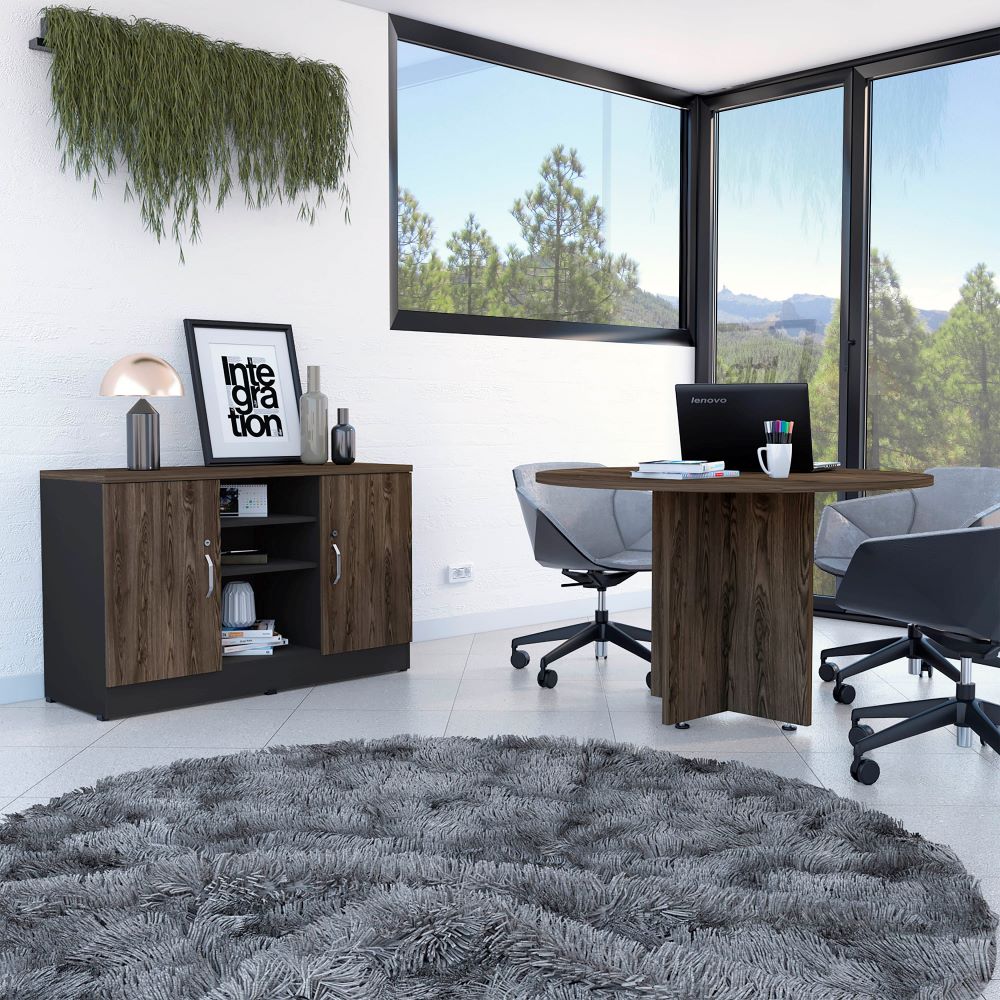 Mesa Redonda M-120 + Gabinete 2P Home Office Color Negro Soft y Coñac Para Oficina