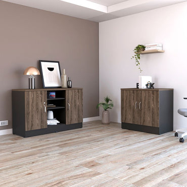 Gabinete 2P + Cajonera 2P Home Office Color Negro Soft y Coñac Para Oficina