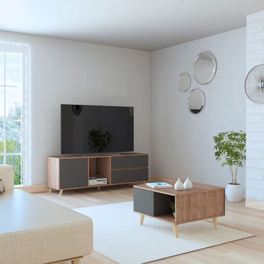 Rack TV + Mesa Centro Salem Color Miel y Plomo Para Sala De Estar