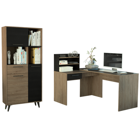 Escritorio 2L + Biblioteca Bilbao Color Miel y Wengue Para Oficina