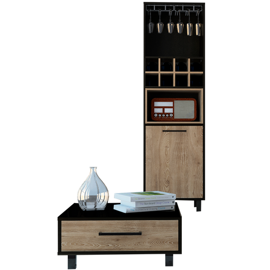 Bar Alto + Mesa De Centro Kaia Color Wengue y Miel Para Sala De Estar