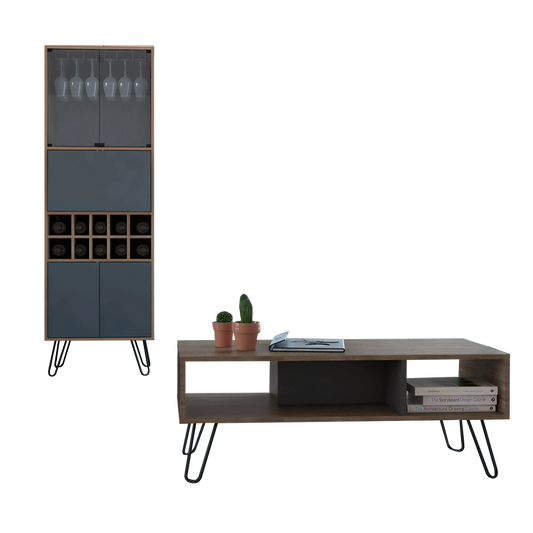 Bar Alto + Mesa Centro Vassel Color Miel y Plomo Para Sala De Estar