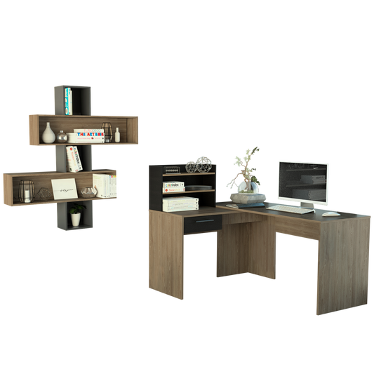Escritorio 2L + Repisa 2B Bilbao Color Miel y Wengue Para Oficina