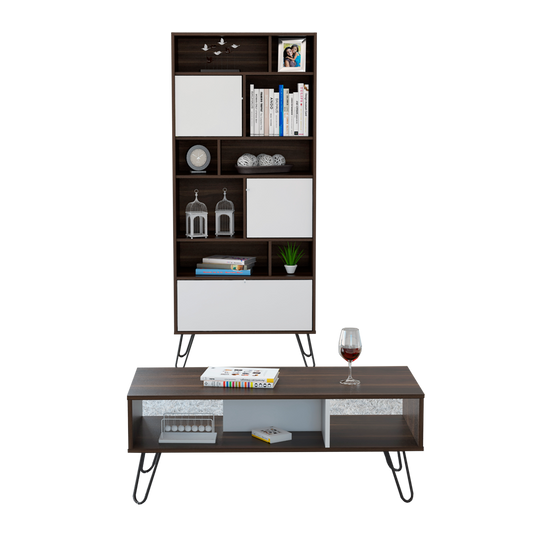 Biblioteca + Mesa de Centro Vassel Color Habano y Blanco Para Sala De Estar