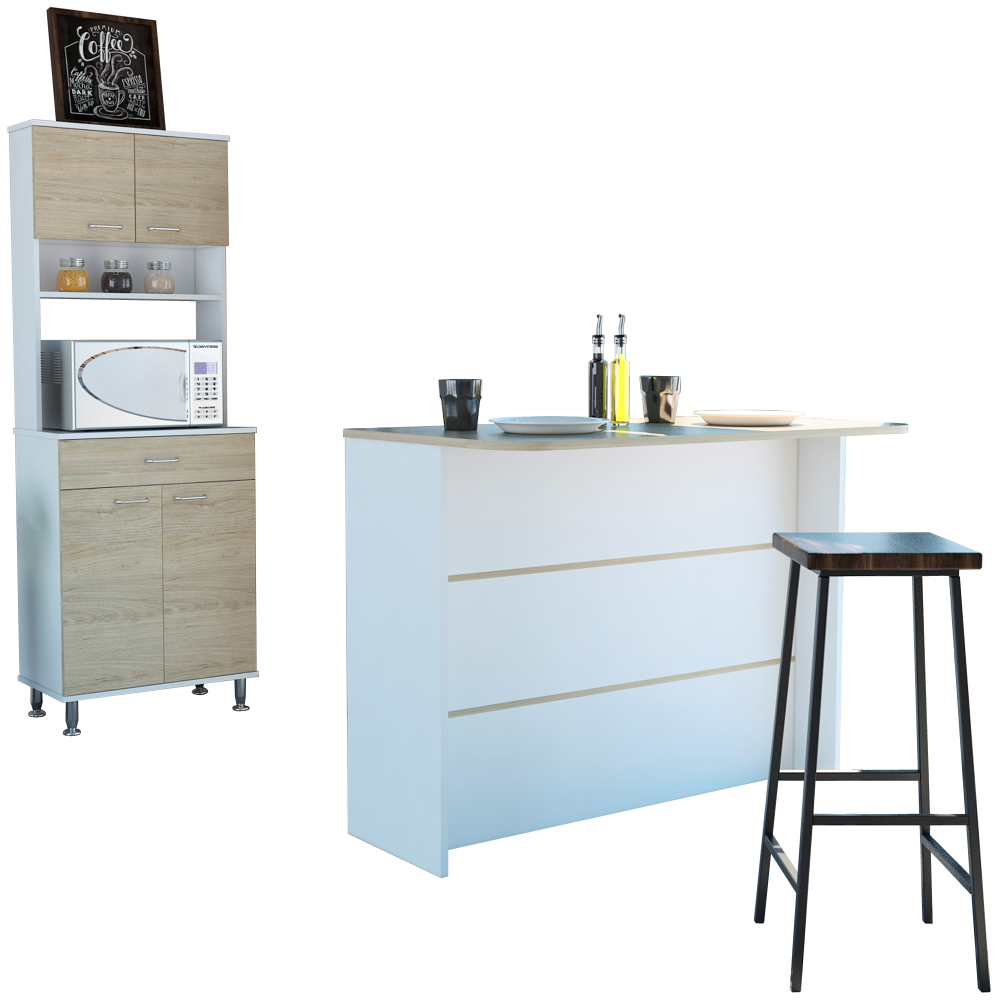 Combo Kitchen, Blanco y Rovere, incluye mueble microondas y barra