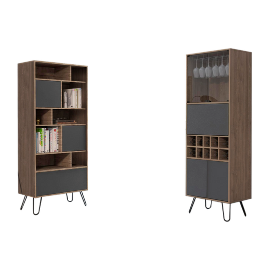 Biblioteca + Bar Alto Vassel Color Miel y Plomo Para Sala De Estar