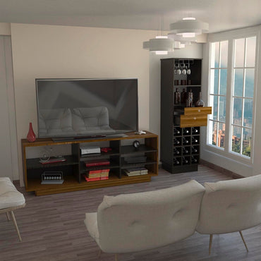 Rack TV + Bar Color Caramelo y Wengue Para Sala De Estar