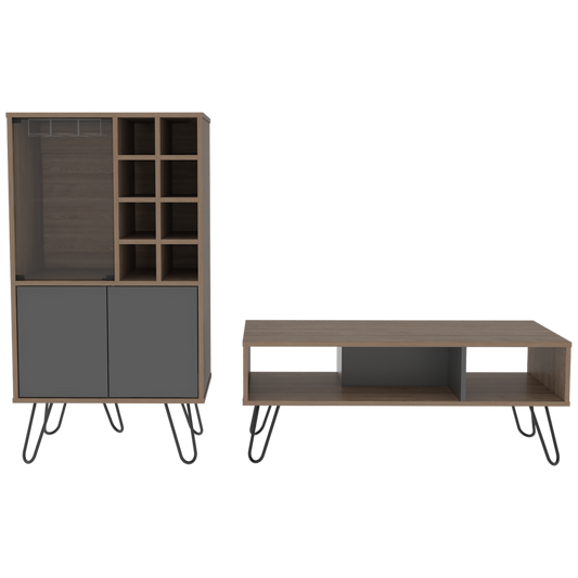 Bar + Mesa de Centro Vassel Color Miel y Plomo Para Sala De Estar