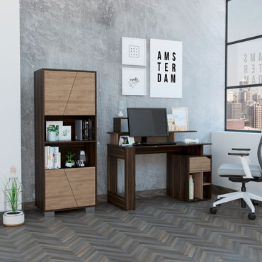 Escritorio W120 + Biblioteca Fraktal Office Color Habano y Miel Para Sala De Estar