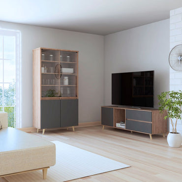 Rack TV + Vitrina Salem Color Miel y Plomo Para Sala De Estar