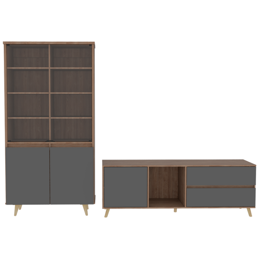 Rack TV + Vitrina Salem Color Miel y Plomo Para Sala De Estar