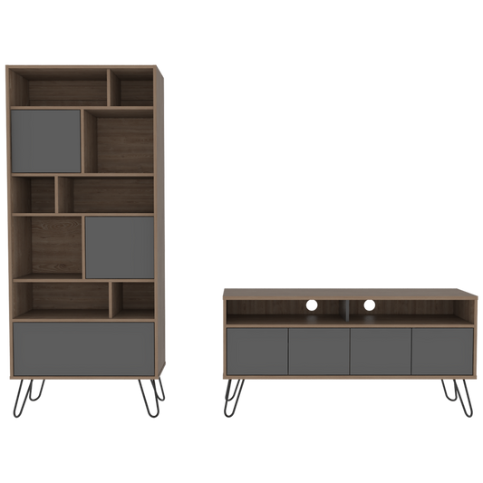 Rack + Biblioteca Vassel Color Miel y Plomo Para Sala De Estar