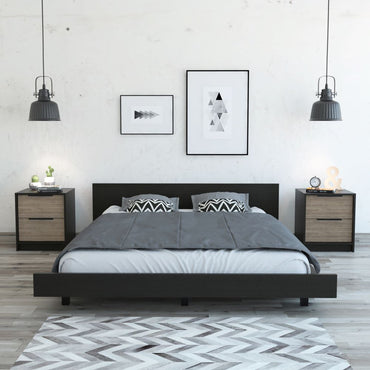 Base De Cama 2 Plazas + 2 Veladores Kaia Color Wengue y Miel Para Dormitorio