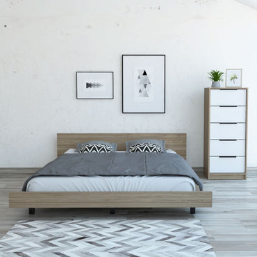 Base De Cama 2 Plazas + Cómoda 5C Kaia Color Miel y Blanco Para Dormitorio