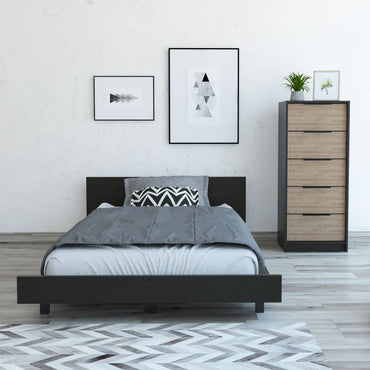 Base De Cama 1 5 Plaza + Cómoda 5C Color Kaia Wengue y Miel Para Dormitorio