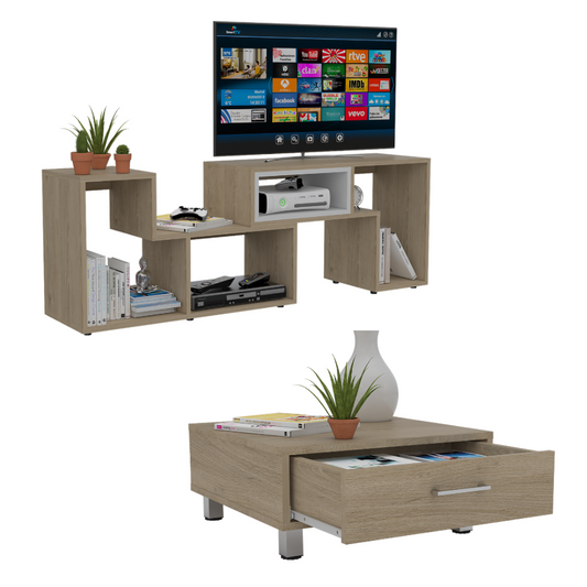 Rack Extensible + Mesa de Centro Beijing Color Rovere y Blanco Para Sala De Estar