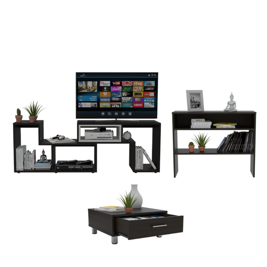 Rack Extensible + Arrimo + Mesa de Centro Beijing Color Wengue Para Sala De Estar