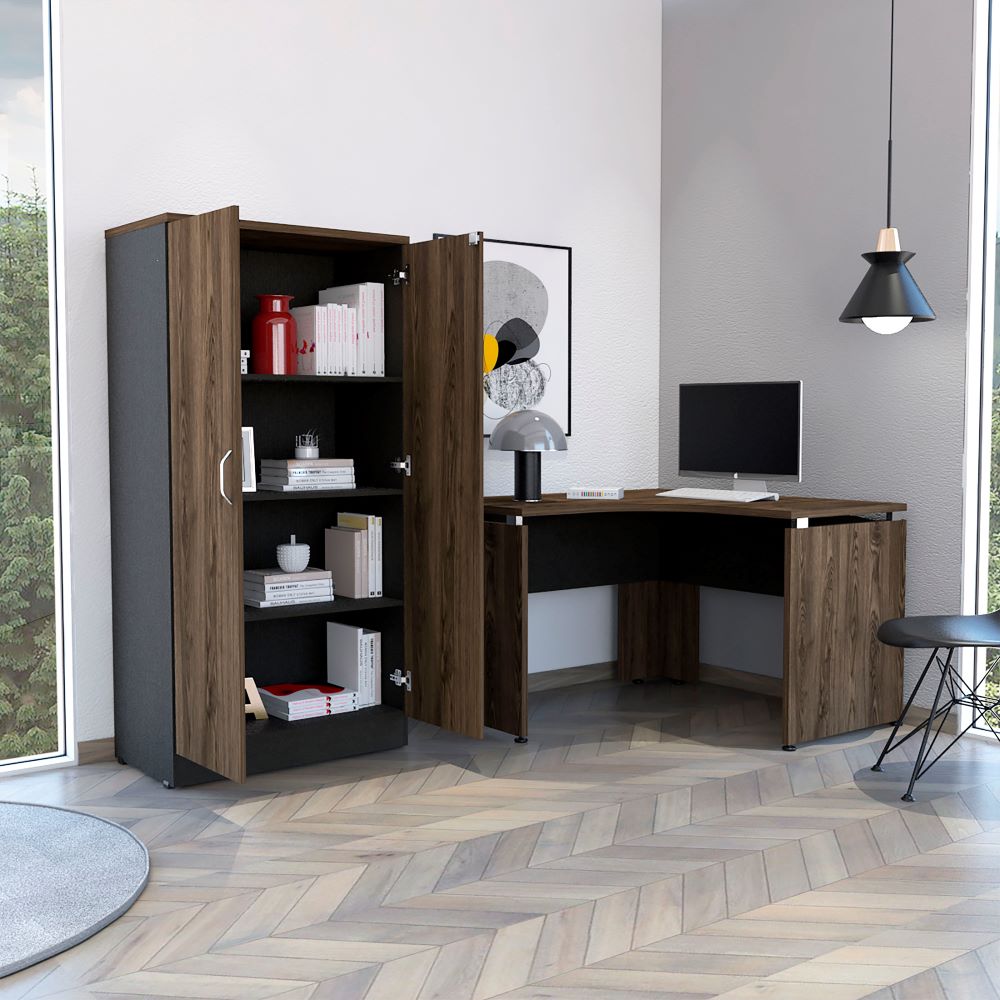 Escritorio en forma de L + Biblioteca Dos Puertas Color Monarca Negro Soft y Coñac Para Oficina