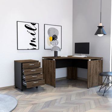 Escritorio en forma de L + Archivador Bajo Cuatro Cajones Color Monarca Negro Soft y Coñac Para Oficina