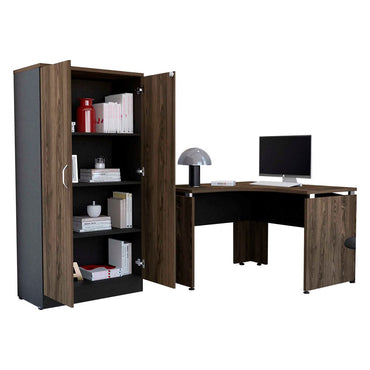Escritorio en forma de L + Biblioteca Dos Puertas Color Monarca Negro Soft y Coñac Para Oficina