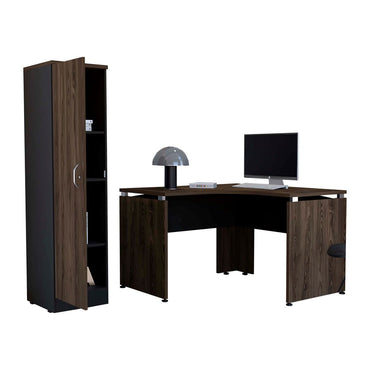 Escritorio en forma de L + Biblioteca Alta Color Monarca Negro Soft y Coñac Para Oficina