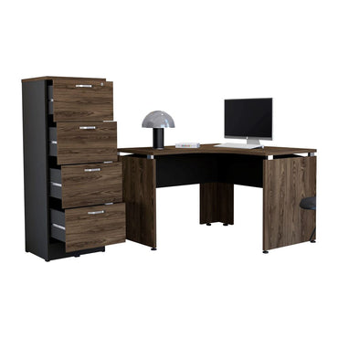 Escritorio en forma de L + Archivador Alto Color Monarca Negro Soft y Coñac Para Oficina