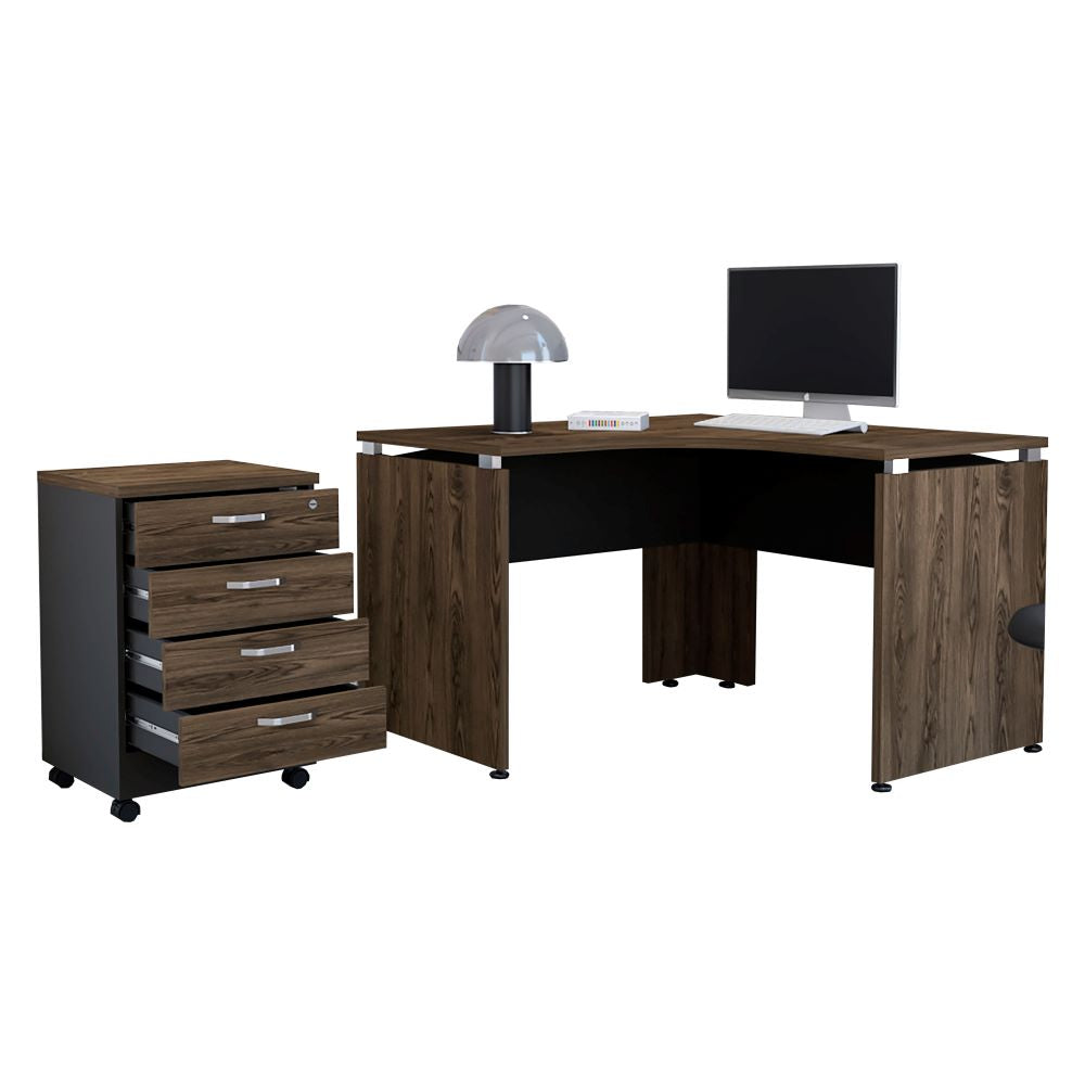 Escritorio en forma de L + Archivador Bajo Cuatro Cajones Color Monarca Negro Soft y Coñac Para Oficina