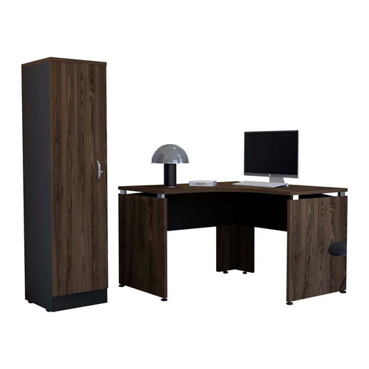 Escritorio en forma de L + Biblioteca Alta Color Monarca Negro Soft y Coñac Para Oficina