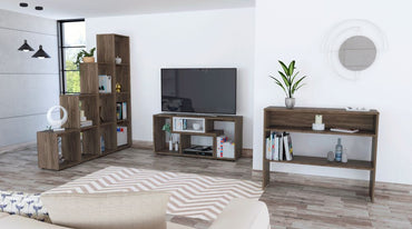 Rack Extensible + Biblioteca Escalera + Arrimo Beijing Color Coñac y Blanco Para Sala De Estar