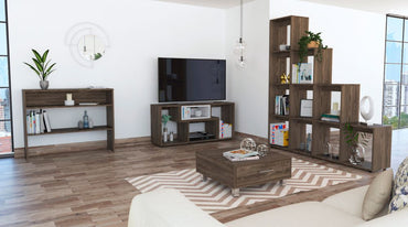 Rack Extensible + Biblioteca Escalera + Arrimo + Mesa de Centro Beijing Color Coñac y Blanco Para Sala De Estar