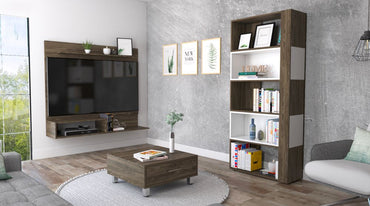 Panel TV + Biblioteca Cubo + Mesa de Centro Color Coñac y Blanco Para Sala De Estar