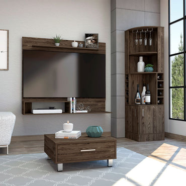 Bar Esquinero Kava + Panel TV + Mesa de Centro Color Coñac y Blanco Para Sala De Estar