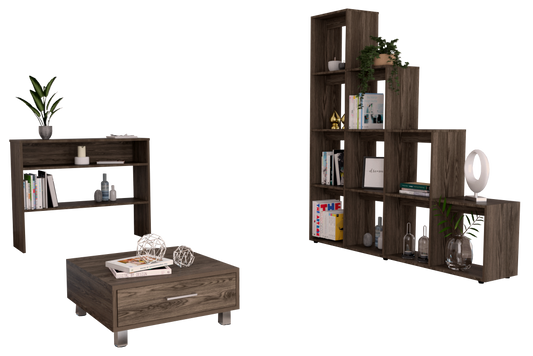 Biblioteca Escalera + Arrimo + Mesa de Centro Beijing Color Coñac y Blanco Para Sala De Estar