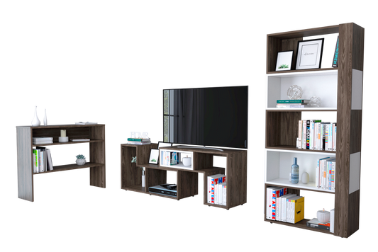 Rack Extensible + Biblioteca Cubo + Arrimo Beijing Color Coñac y Blanco Para Sala De Estar