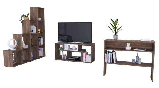 Rack Extensible + Biblioteca Escalera + Arrimo Beijing Color Coñac y Blanco Para Sala De Estar