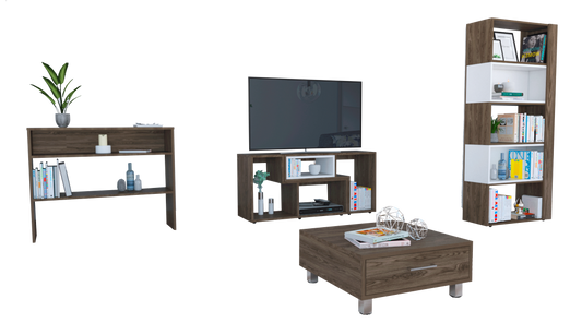 Rack Extensible + Biblioteca Cubo + Arrimo + Mesa de Centro Beijing Color Coñac y Blanco Para Sala De Estar