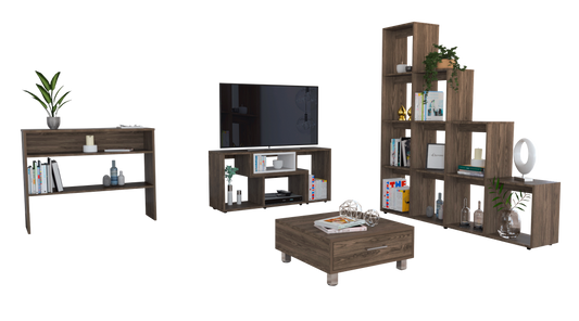 Rack Extensible + Biblioteca Escalera + Arrimo + Mesa de Centro Beijing Color Coñac y Blanco Para Sala De Estar