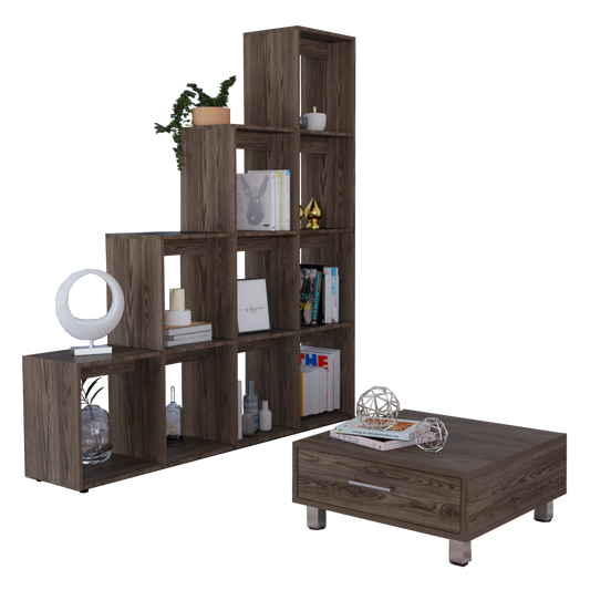 Biblioteca Escalera + Mesa de Centro Beijing Color Coñac y Blanco Para Sala De Estar