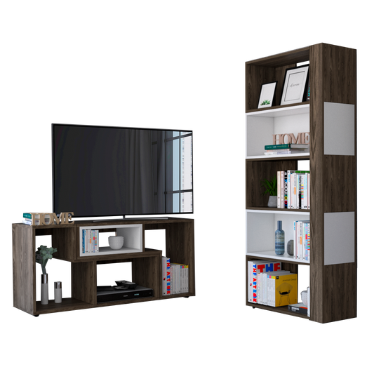 Rack Extensible + Biblioteca Cubo Beijing Color Coñac y Blanco Para Sala De Estar