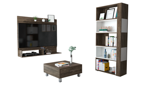 Panel TV + Biblioteca Cubo + Mesa de Centro Color Coñac y Blanco Para Sala De Estar