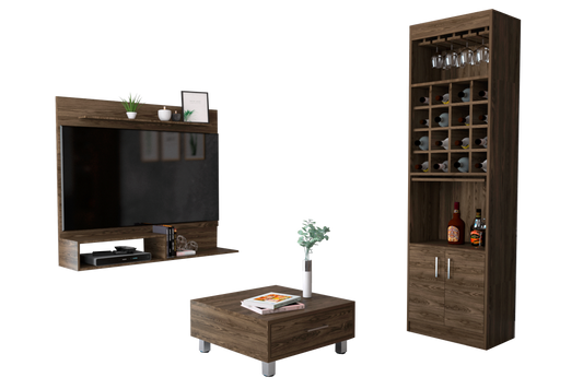 Panel TV + Bar Kava + Mesa de Centro Color Coñac y Blanco Para Sala De Estar