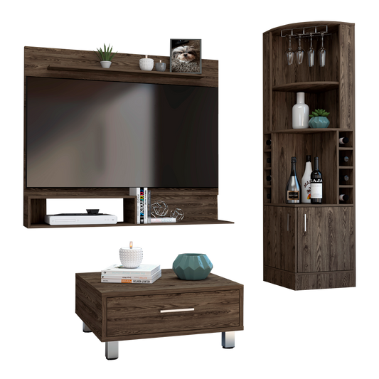 Bar Esquinero Kava + Panel TV + Mesa de Centro Color Coñac y Blanco Para Sala De Estar