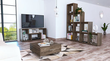 Rack Extensible + Biblioteca Escalera + Mesa de Centro Beijing Color Coñac y Blanco Para Sala De Estar