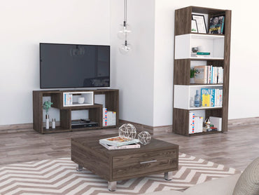 Rack Extensible + Biblioteca Cubo + Mesa de Centro Beijing Color Coñac y Blanco Para Sala De Estar