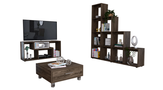 Rack Extensible + Biblioteca Escalera + Mesa de Centro Beijing Color Coñac y Blanco Para Sala De Estar