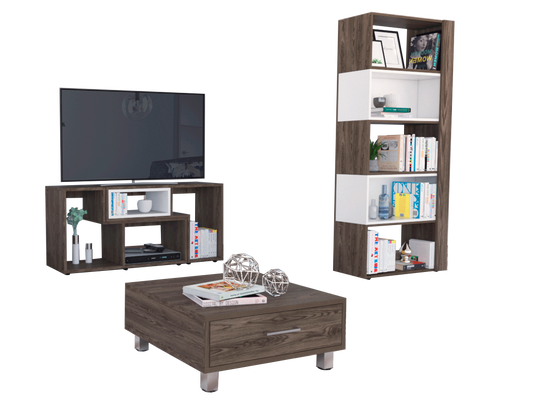 Rack Extensible + Biblioteca Cubo + Mesa de Centro Beijing Color Coñac y Blanco Para Sala De Estar